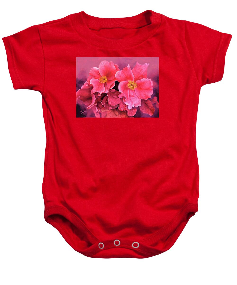 #songsof #roses #sister #named #water #droplets #red #garden #roses Baby Onesie featuring the painting Songs Of Wild Roses by June Pauline Zent