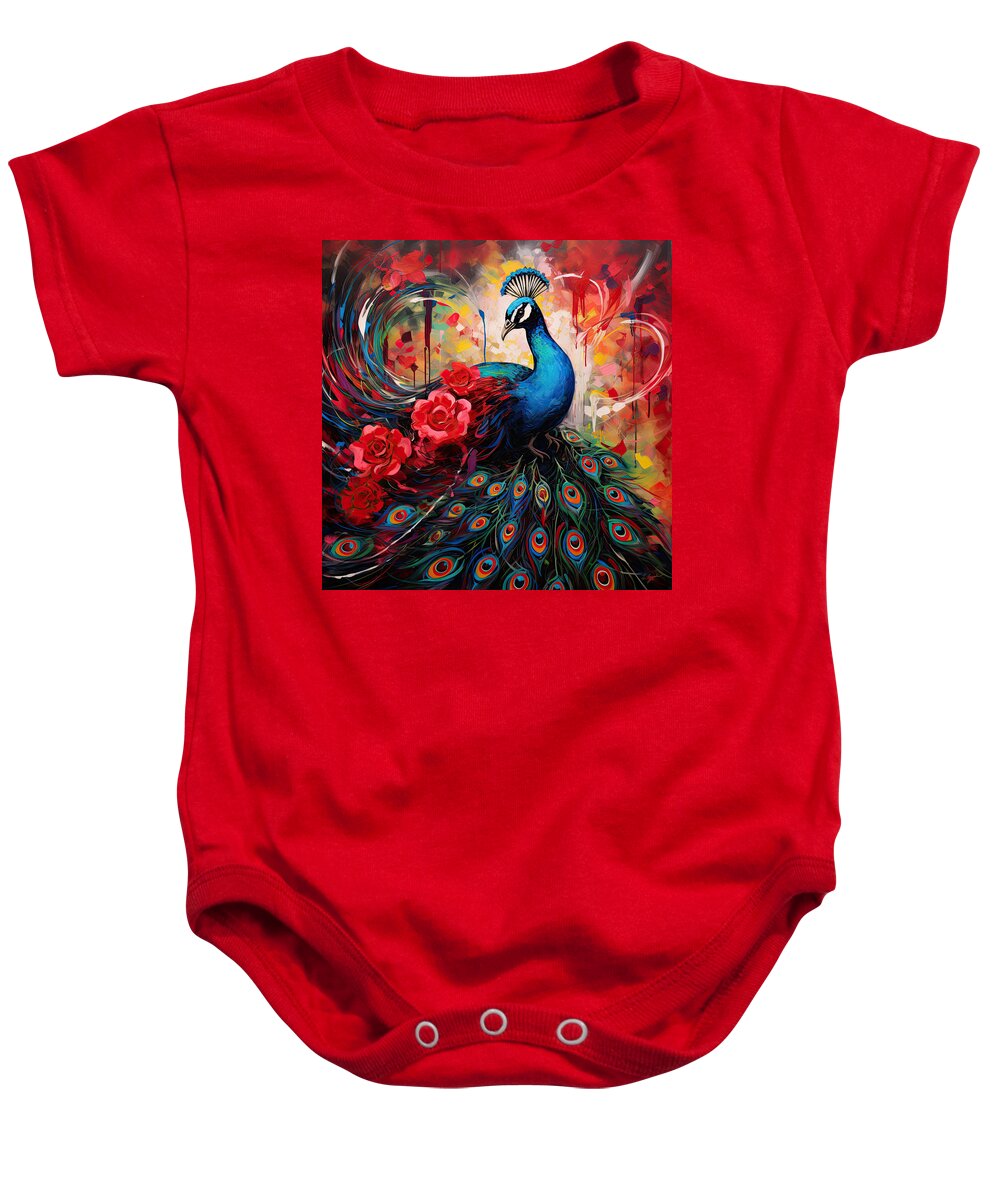 Colorful Peacock Baby Onesie featuring the painting Splendor Of Love And Glory - Peacock Colorful Artwork by Lourry Legarde