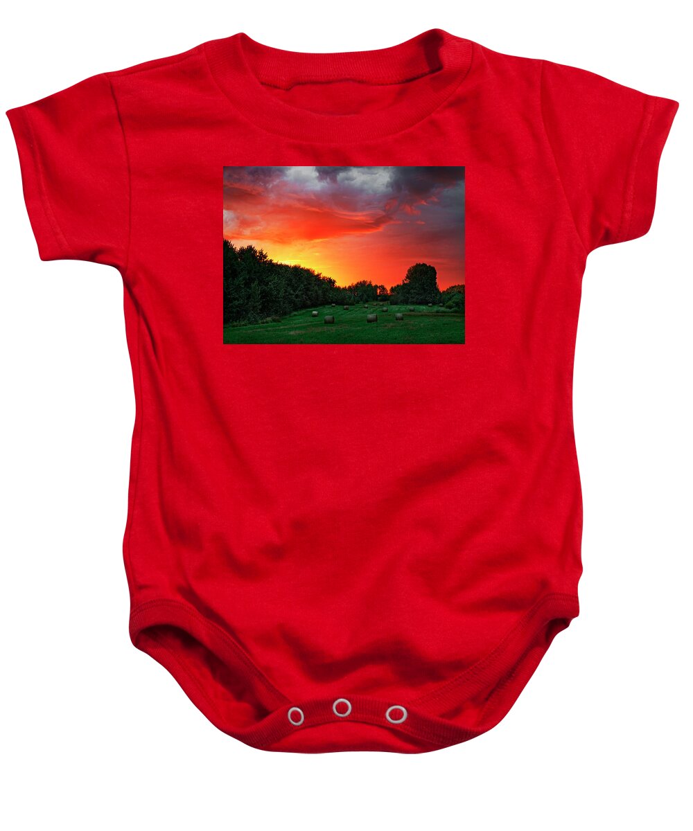Landscape Baby Onesie featuring the photograph Sunrise and Bales by Dan Jurak