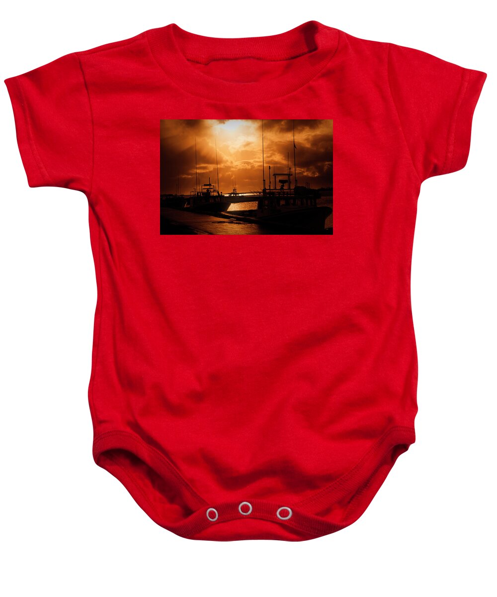 Sunset Baby Onesie featuring the photograph Sunset at the Dock by Deborah Penland