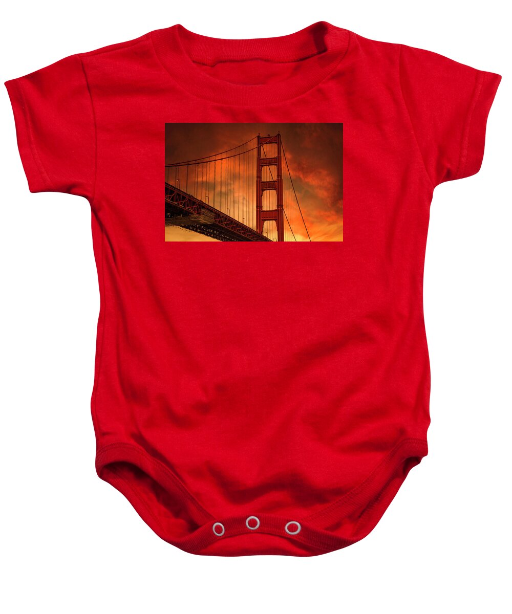 Golden Gate Bridge Baby Onesie featuring the photograph Sunset Drama at the Golden Gate Bridge by Bonnie Follett