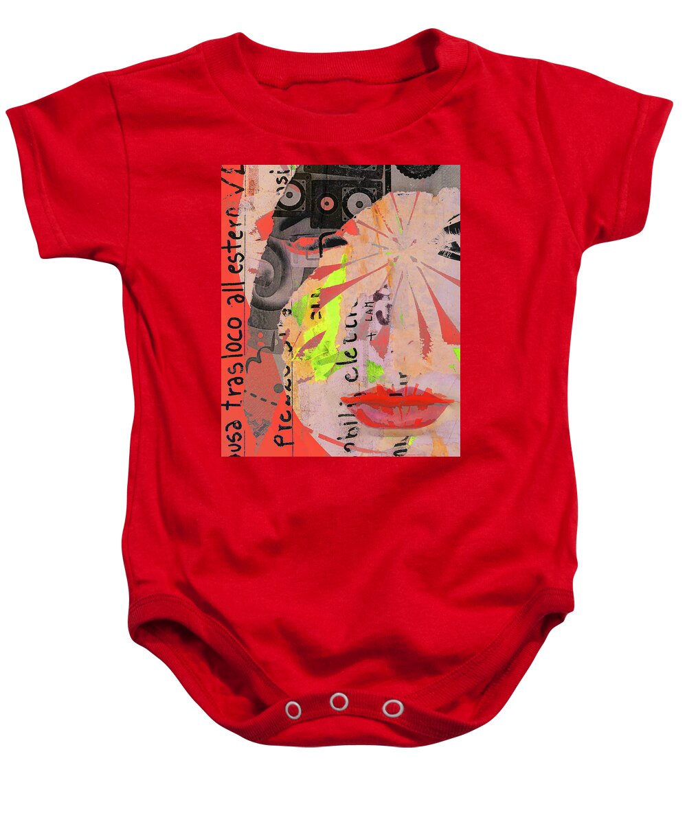 Woman Baby Onesie featuring the digital art The abstract face with red lips by Gabi Hampe