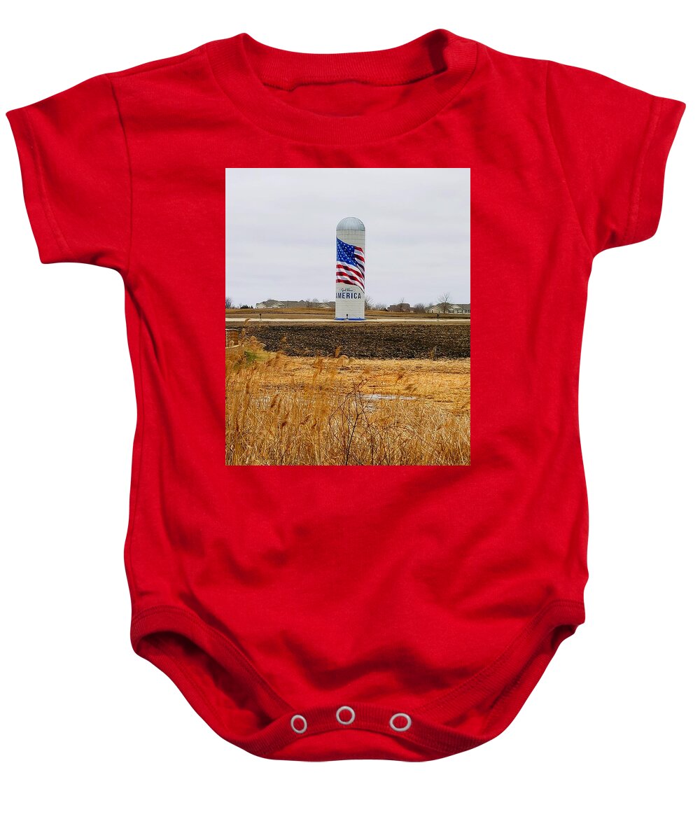 Corn Field Baby Onesie featuring the photograph The Flag Silo by Fred Larucci
