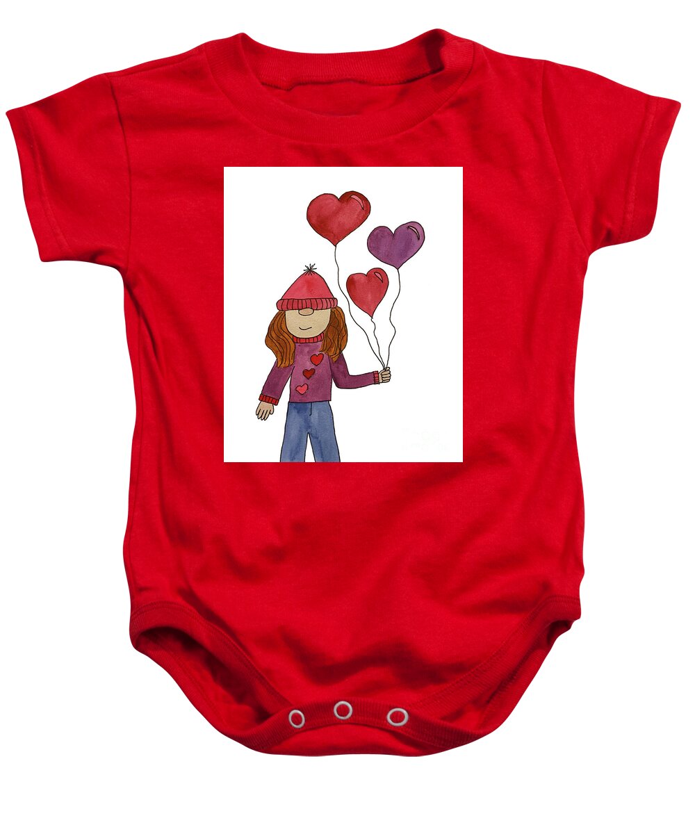 Valentine's Day Baby Onesie featuring the mixed media Valentine's Day Girl Gnome by Lisa Neuman