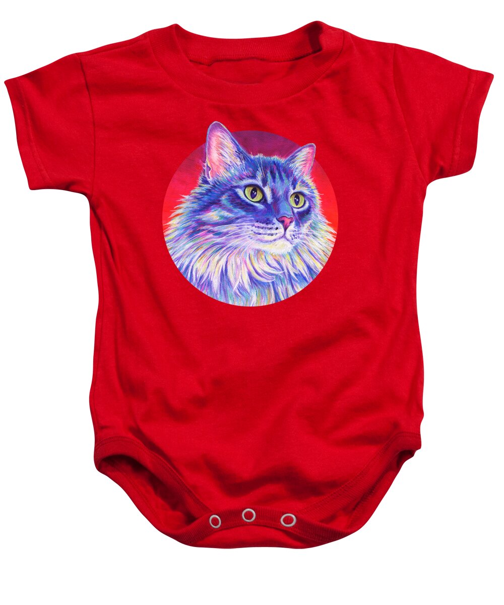 Cat Baby Onesie featuring the painting Vibrant Longhaired Gray Tabby Cat by Rebecca Wang