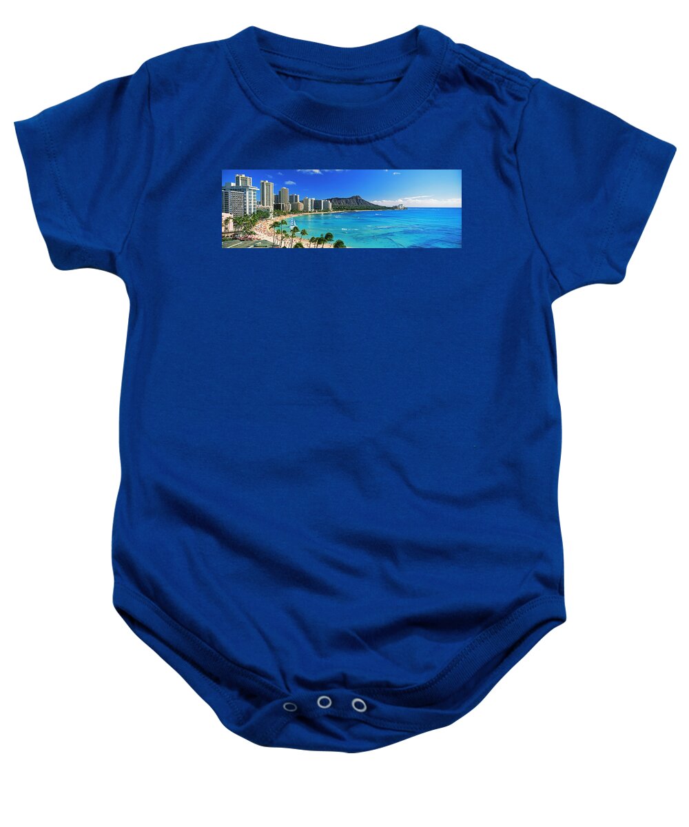Photography Baby Onesie featuring the photograph Palm Trees On The Beach, Diamond Head #1 by Panoramic Images