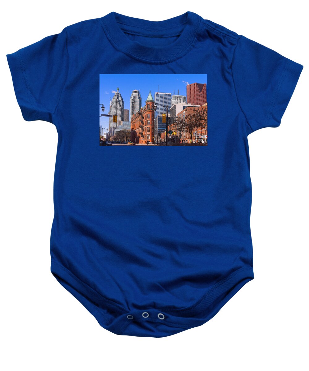 Toronto Baby Onesie featuring the photograph Flatiron Building in Toronto #3 by Les Palenik