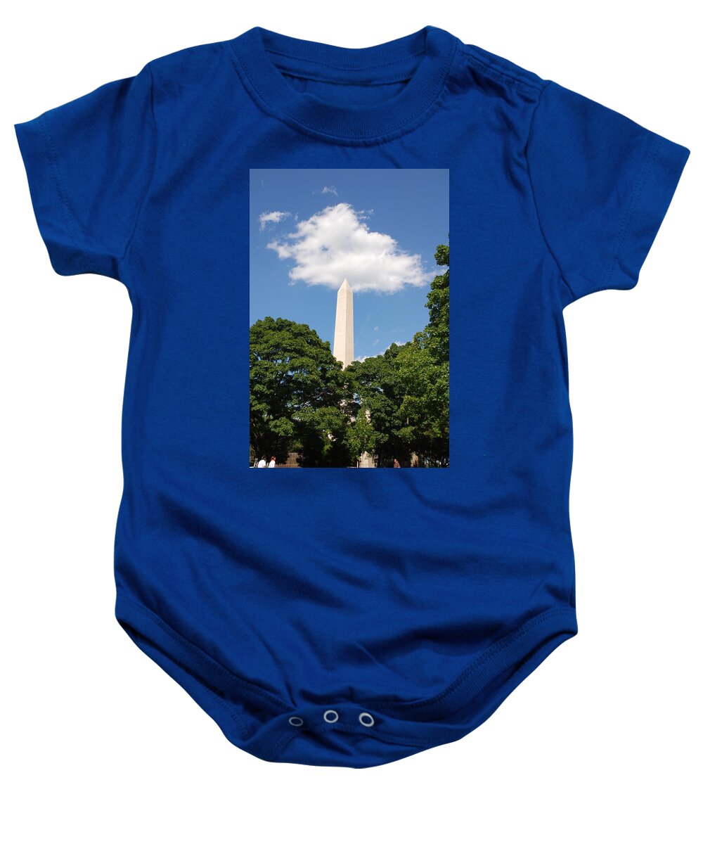 Washington Baby Onesie featuring the photograph Obelisk Rises Into the Clouds #1 by Kenny Glover