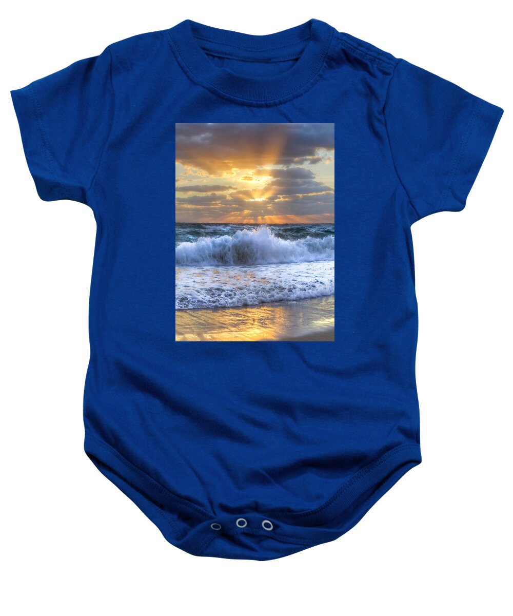 Ocean Baby Onesie featuring the photograph Splash Sunrise by Debra and Dave Vanderlaan