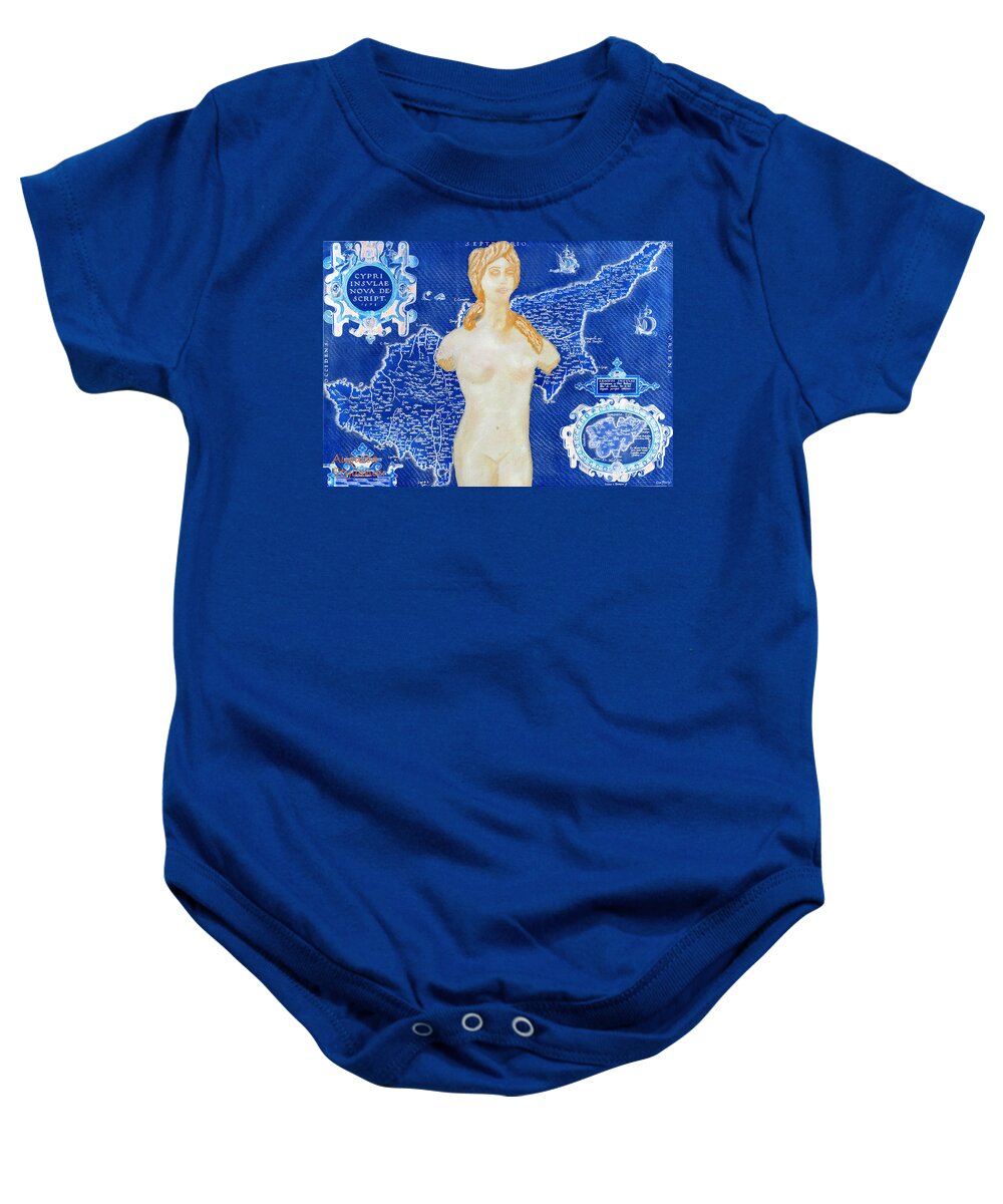 Augusta Stylianou Baby Onesie featuring the digital art Ancient Cyprus Map and Aphrodite by Augusta Stylianou