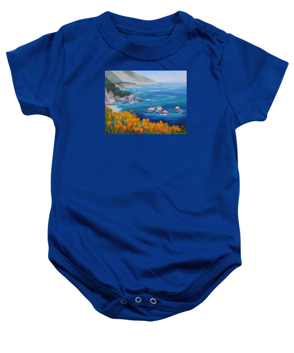Big Sur Baby Onesie featuring the painting California Poppies Big Sur by Karin Leonard