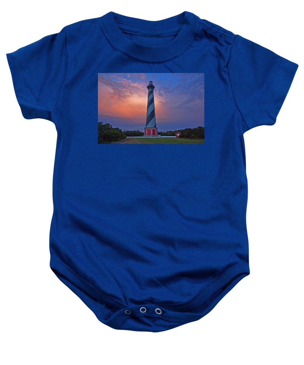 Sunrise Baby Onesie featuring the photograph Cape Hatteras Lighthouse by Suzanne Stout