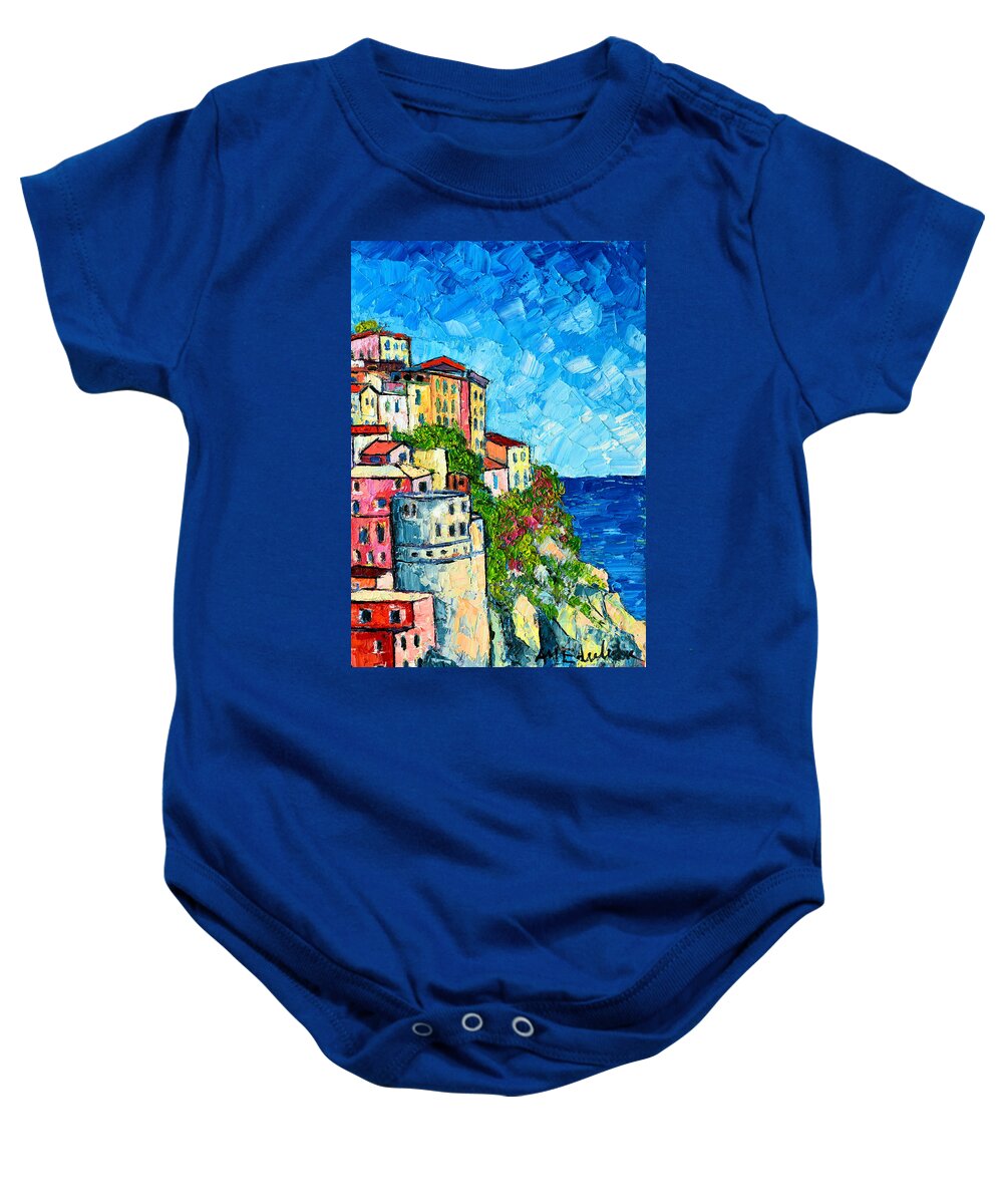 Manarola Baby Onesie featuring the painting Cinque Terre Italy Manarola Painting Detail 3 by Ana Maria Edulescu