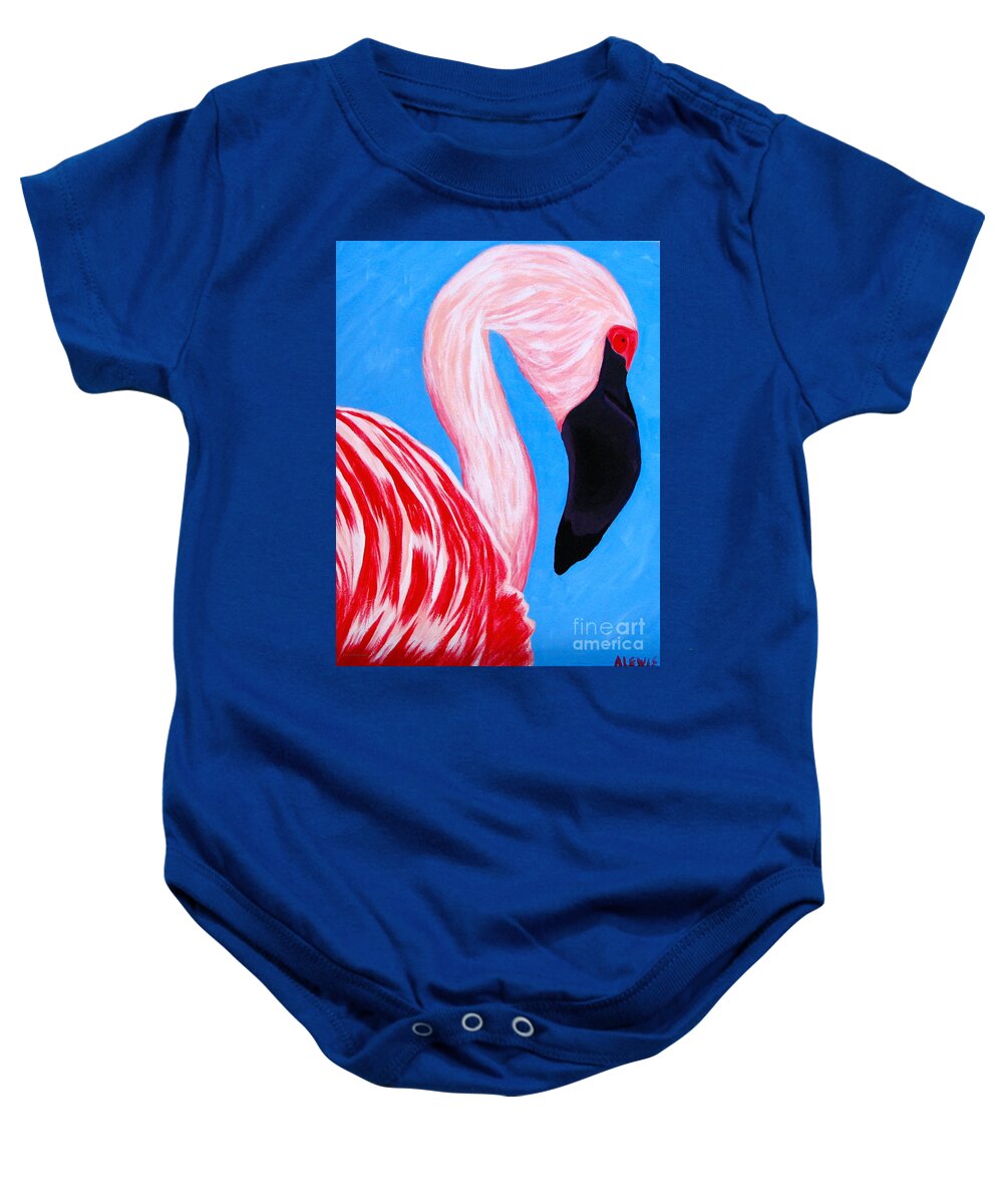 Crimson Flamingo Baby Onesie featuring the painting Crimson Flamingo by Anita Lewis