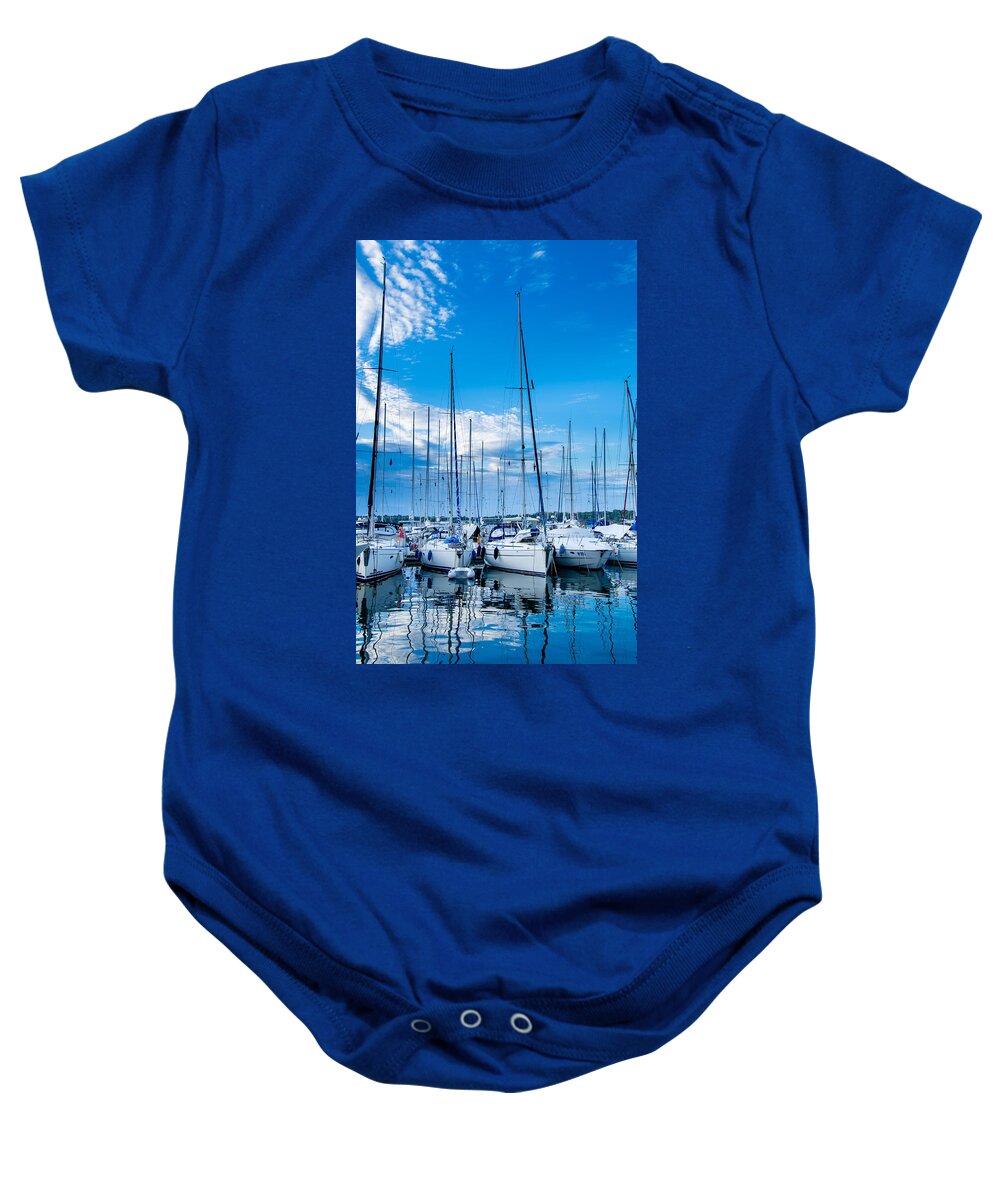 Boat Baby Onesie featuring the photograph Evening harbour with sailboats by Andreas Berthold
