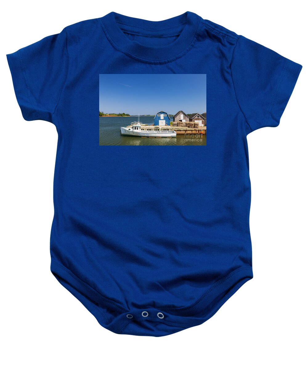 Boat Baby Onesie featuring the photograph Fishing dock in Prince Edward Island by Elena Elisseeva
