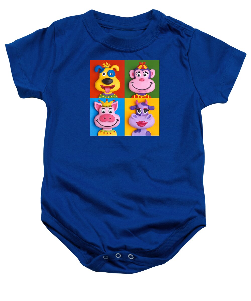 Animal Baby Onesie featuring the painting Four Animal Faces by Amy Vangsgard
