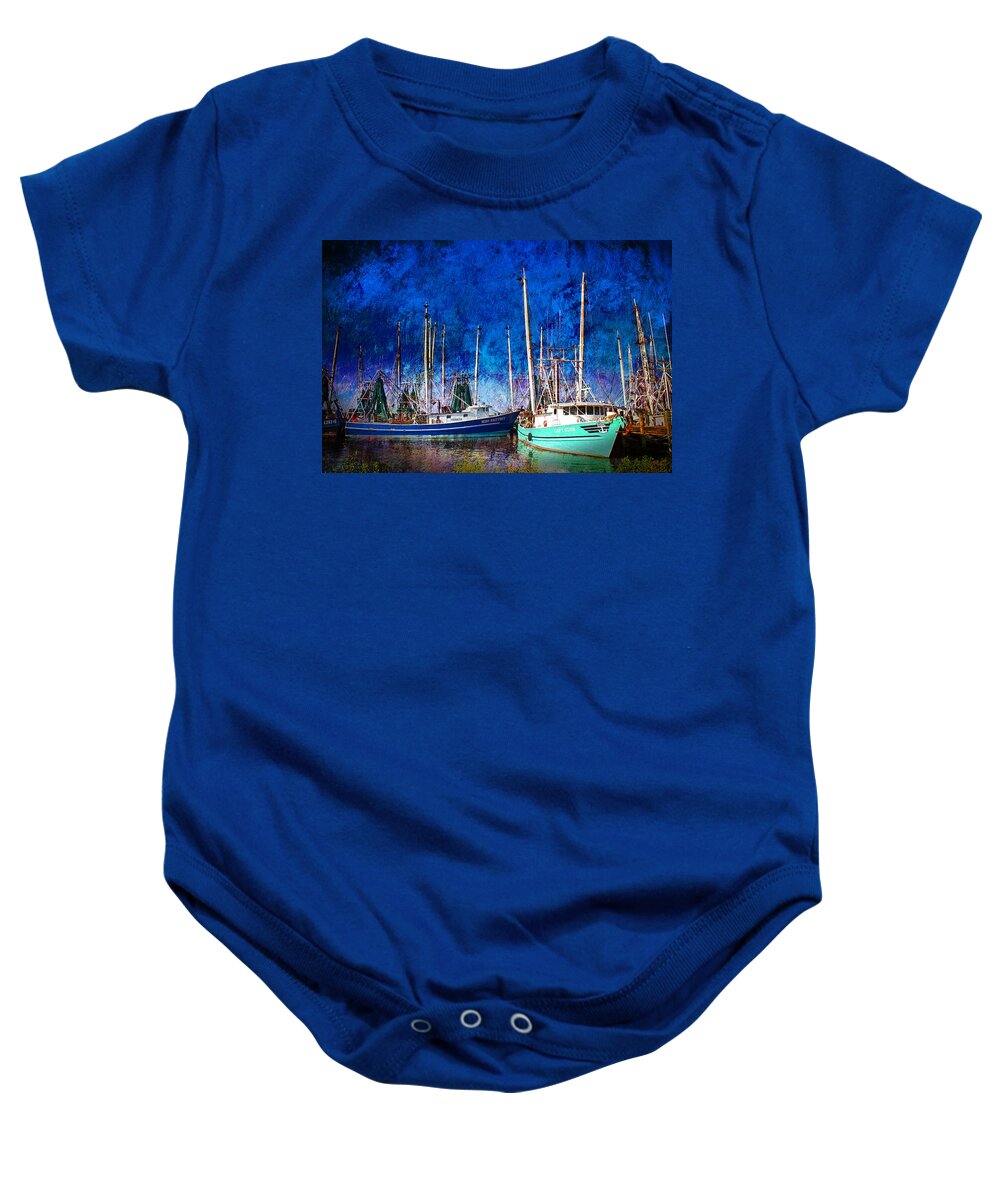 Shrimpboat Baby Onesie featuring the photograph In Safe Harbor by Barry Jones
