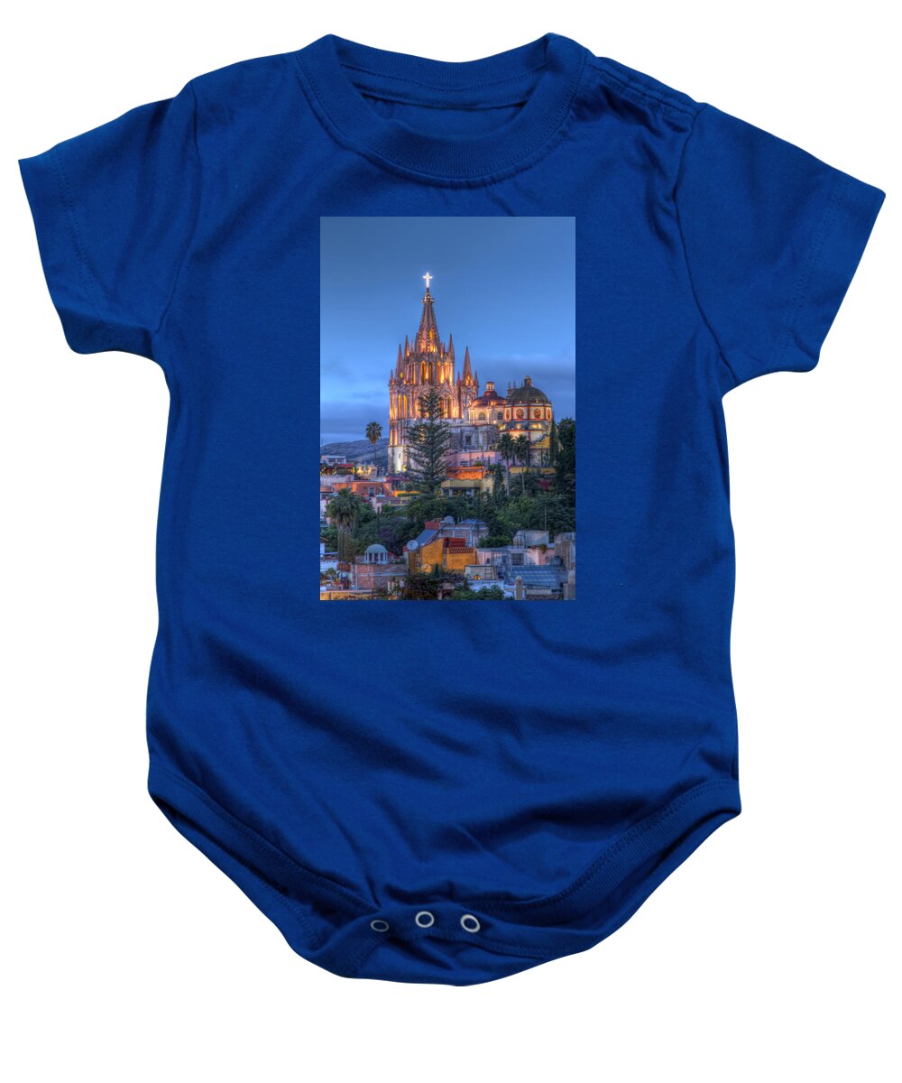 La Parroquia Baby Onesie featuring the photograph La Parroquia at Twilight by Lindley Johnson