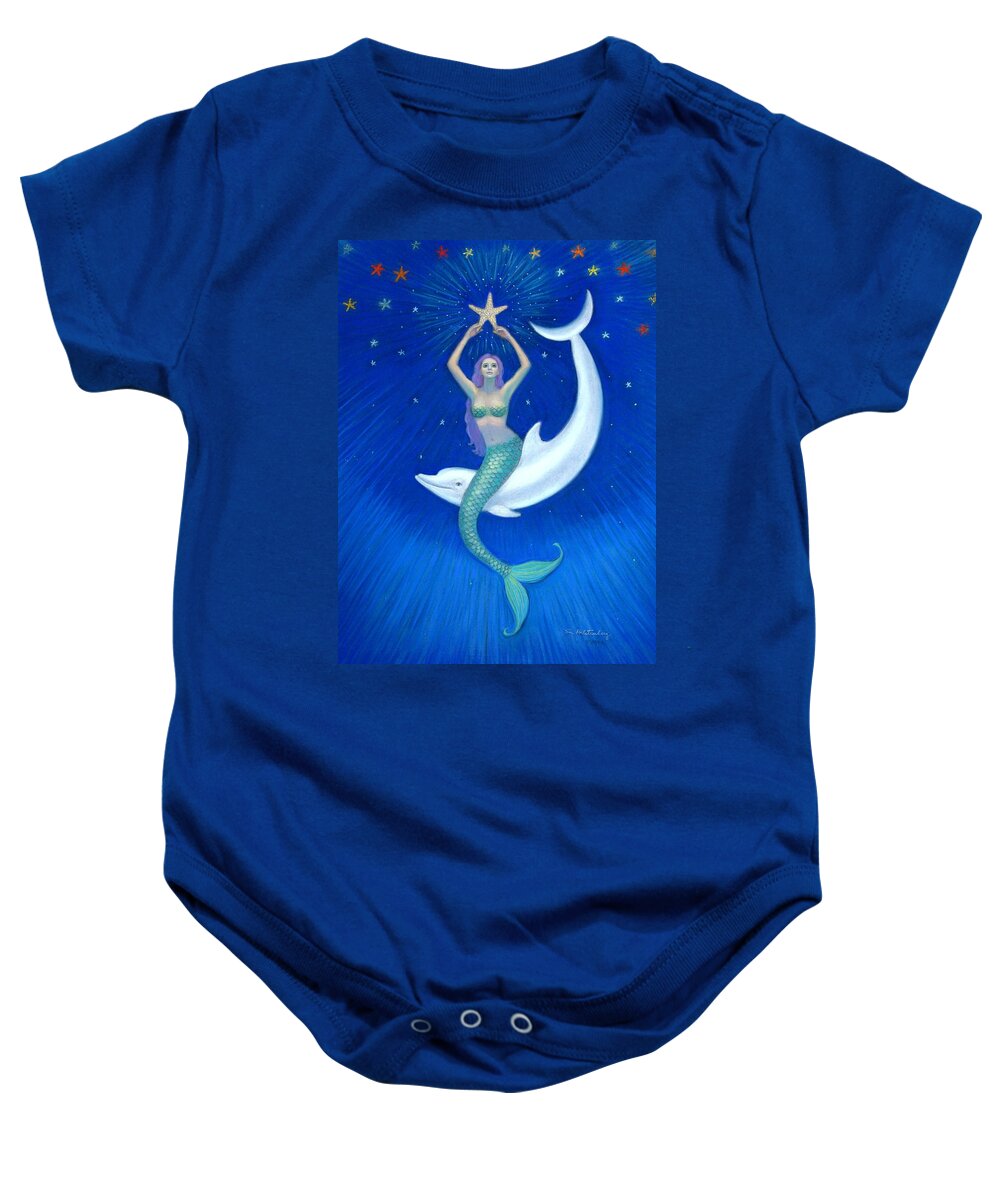 Mermaid Art Baby Onesie featuring the painting Mermaids- Dolphin Moon Mermaid by Sue Halstenberg