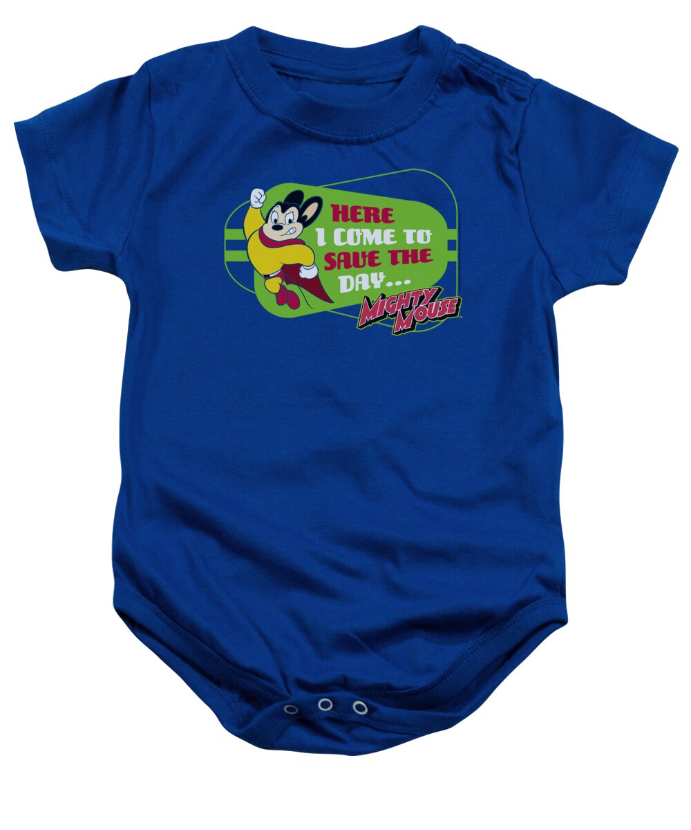 Mighty Mouse Baby Onesie featuring the digital art Mighty Mouse - Here I Come by Brand A