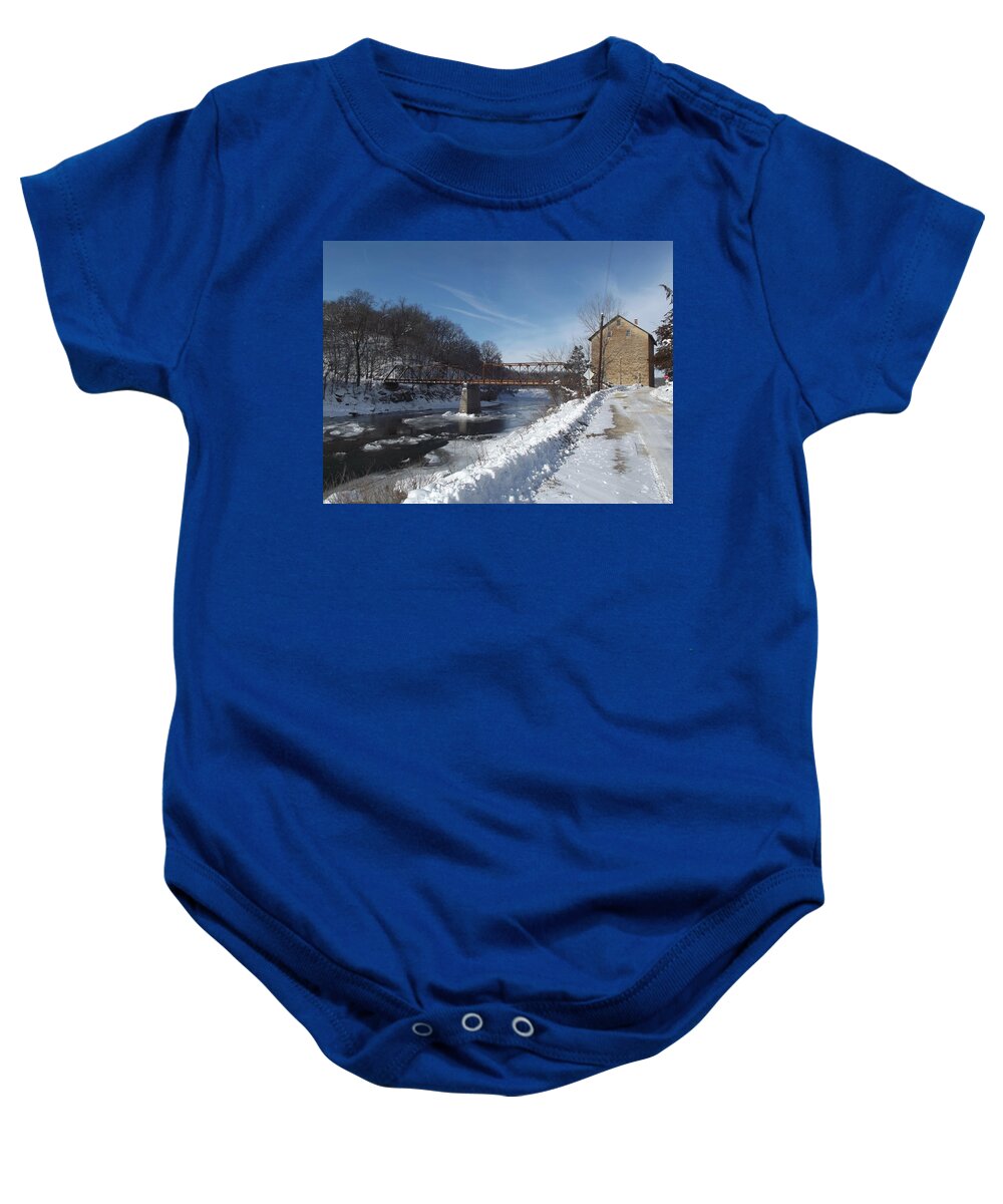 Elkader Iowa Baby Onesie featuring the photograph Motor Mill In Winter by Bonfire Photography