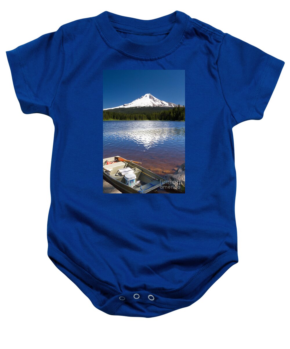 Boat Baby Onesie featuring the photograph Mt. Hood and Fishing boat by Dan Hartford