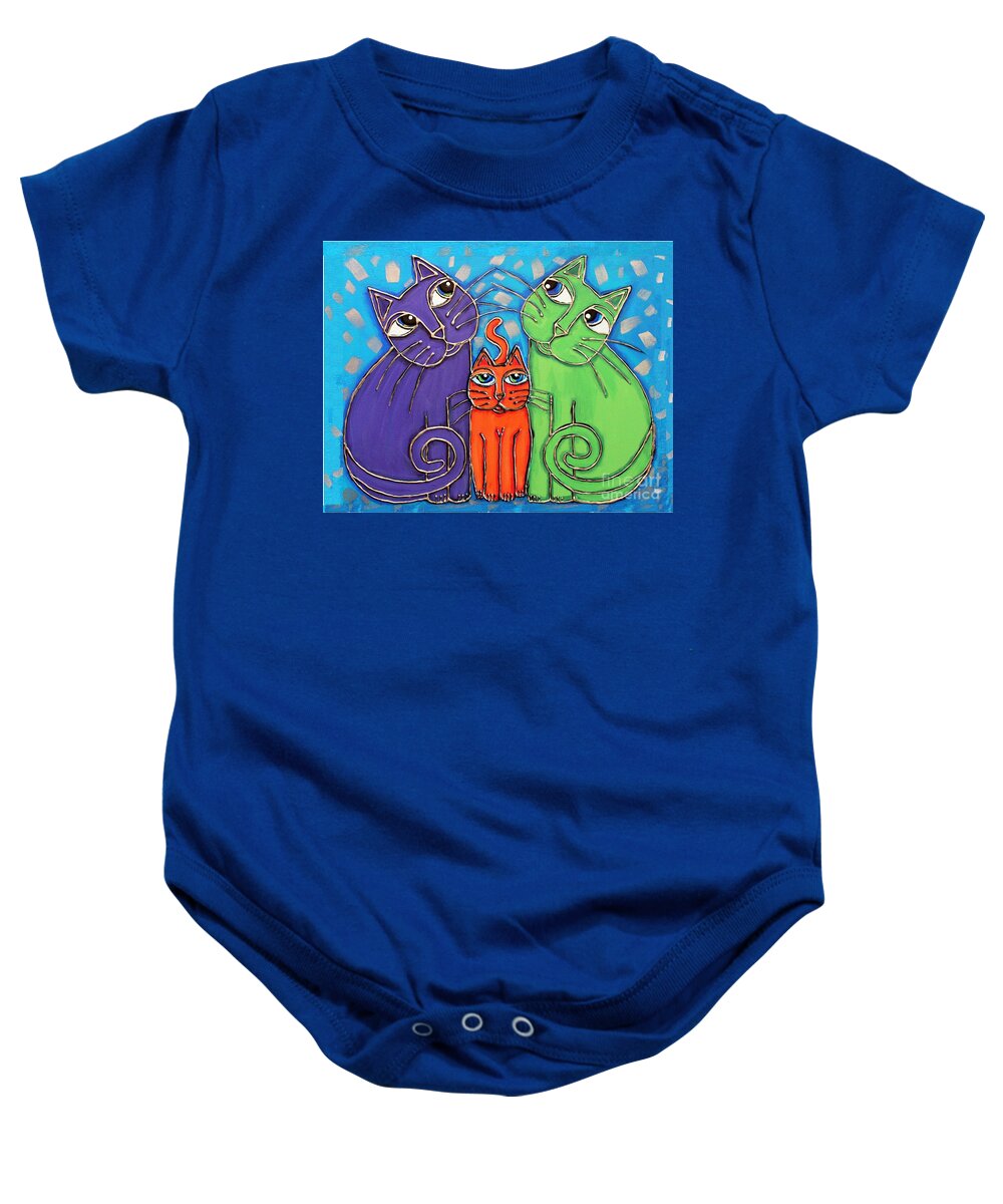 Neon Baby Onesie featuring the painting Neon Cat Trio #1 by Cynthia Snyder