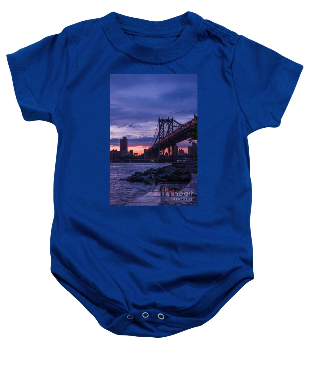 Nyc Baby Onesie featuring the photograph NYC - Manhatten Bridge at Night II by Hannes Cmarits