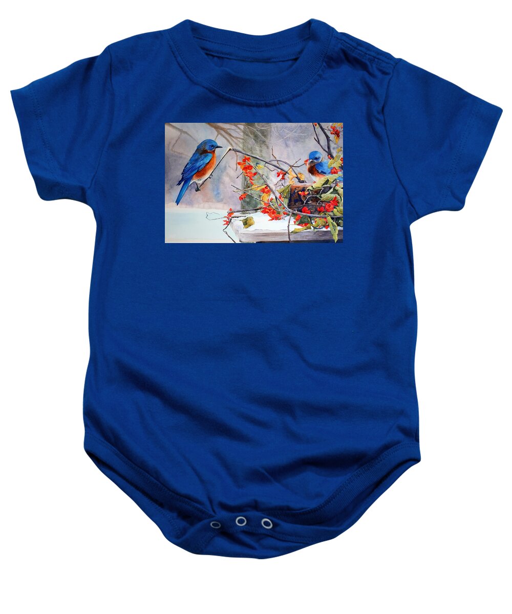 Missouri State Bird Baby Onesie featuring the painting Out on a Limb by Brenda Beck Fisher