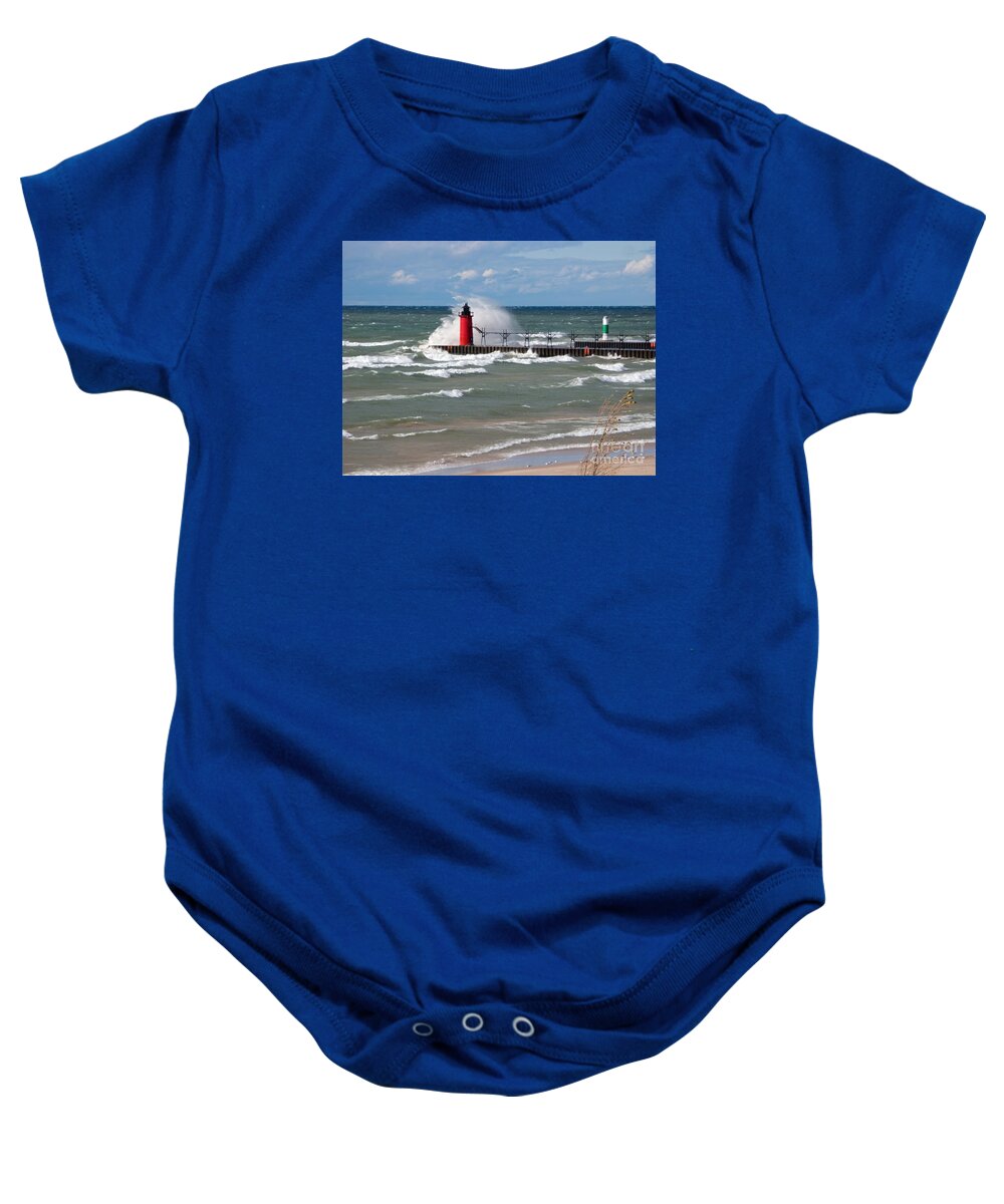 Lighthouse Baby Onesie featuring the photograph South Haven Splash by Ann Horn