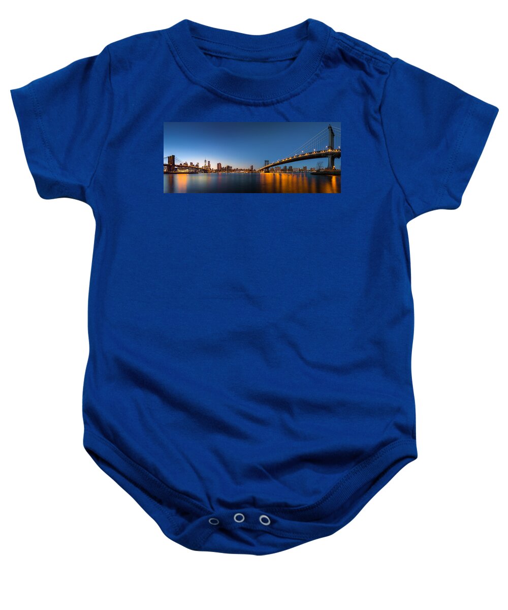 Brooklyn Baby Onesie featuring the photograph The Two Bridges by Mihai Andritoiu