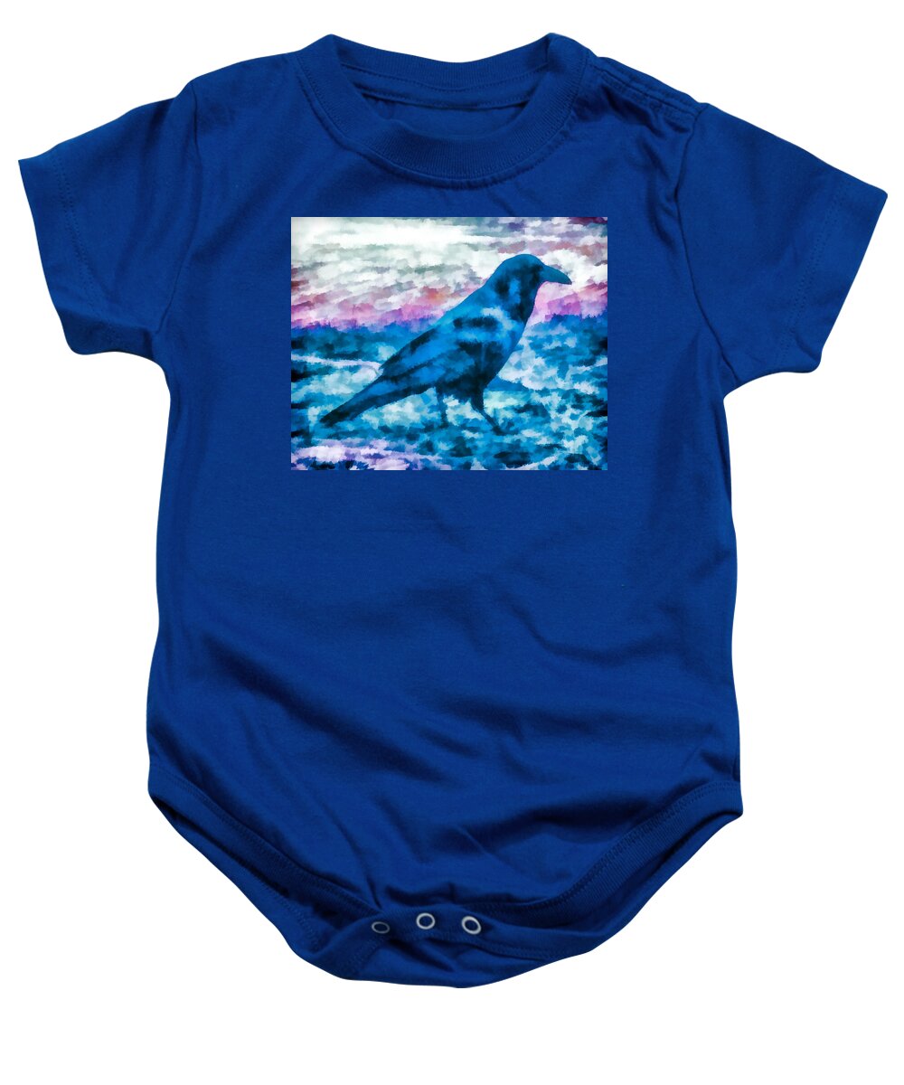 Crow Baby Onesie featuring the mixed media Turquoise Crow by Priya Ghose