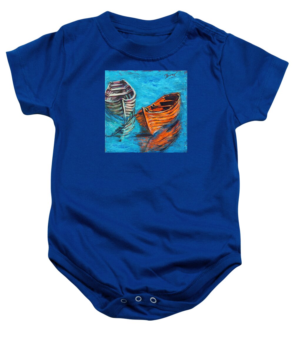Rowboats Baby Onesie featuring the painting Two Wood Boats by Xueling Zou
