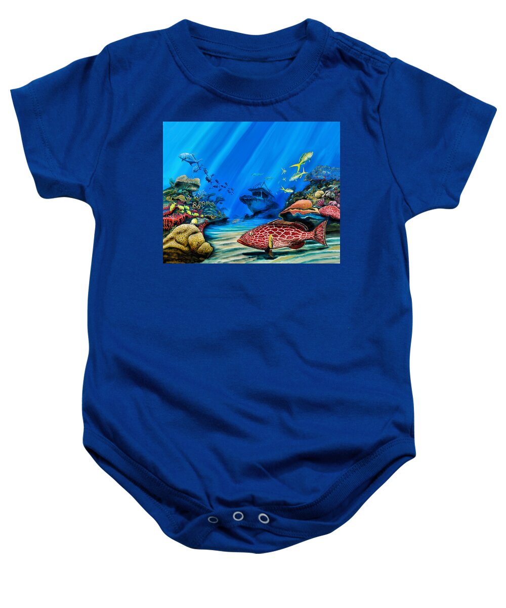 Shipwreck Baby Onesie featuring the painting Yellowfin grouper wreck by Steve Ozment
