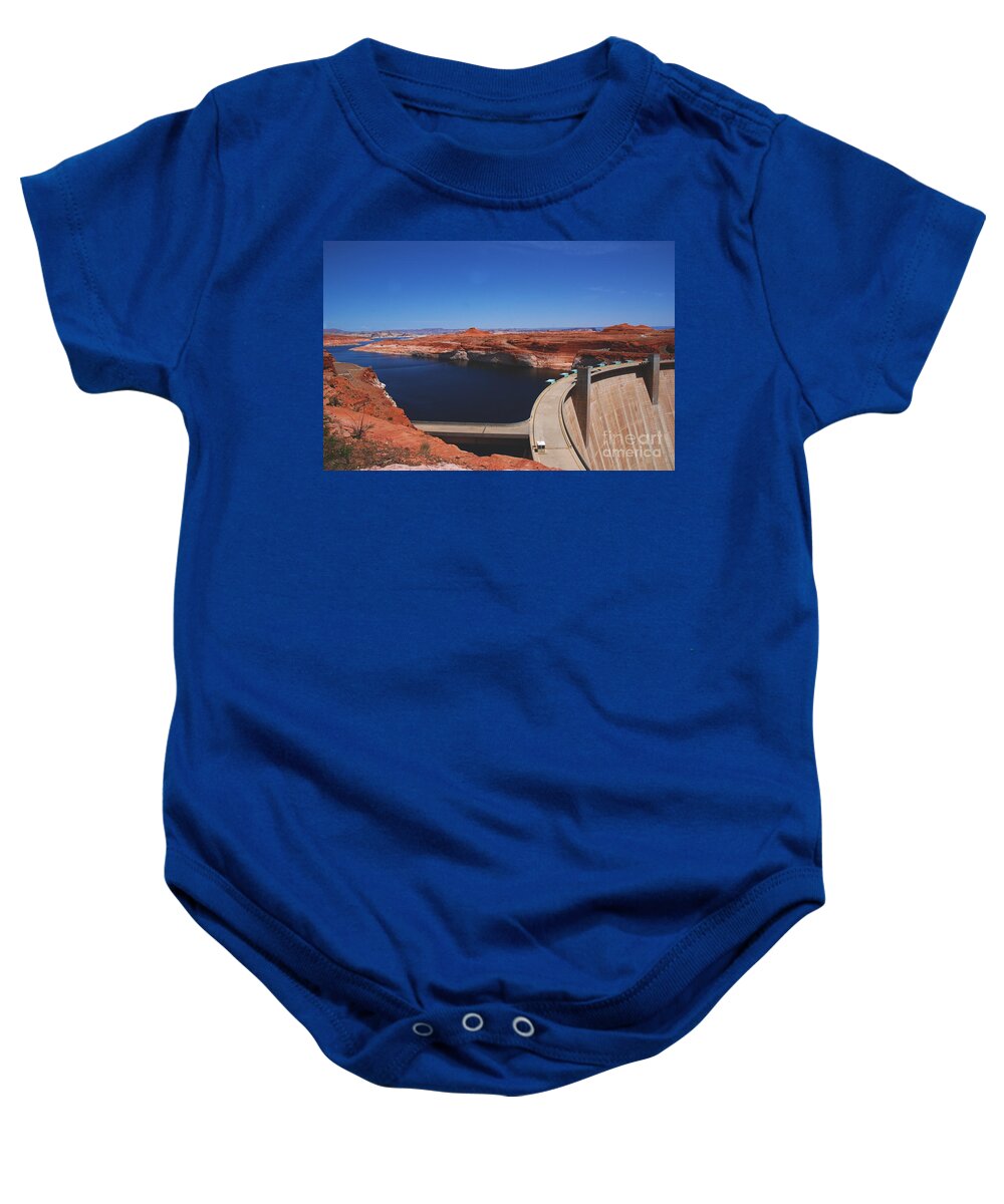 Glen Canyon Baby Onesie featuring the photograph Glen Canyon Dam at Lake Powell by Page Arizona by Susanne Van Hulst