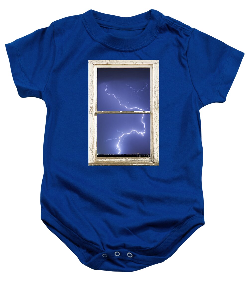 'window Frame Art' Baby Onesie featuring the photograph Lightning Strike White Barn Picture Window Frame Photo Art by James BO Insogna