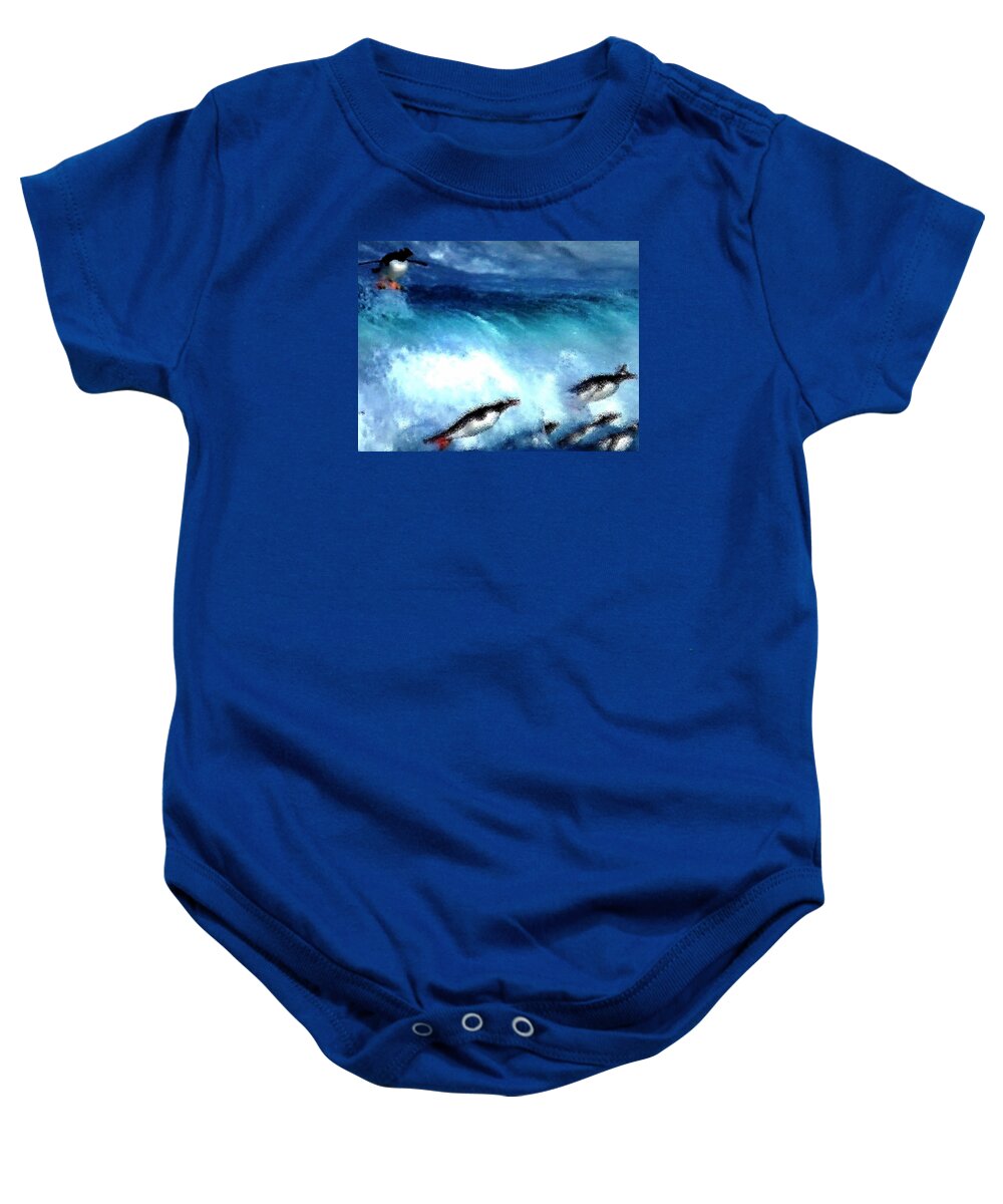 Colette Baby Onesie featuring the painting Penquin Play by Colette V Hera Guggenheim