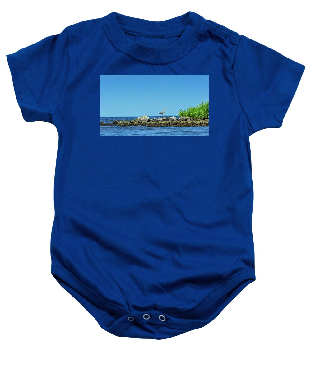 Ardea Herodias Baby Onesie featuring the photograph Great Blue Heron on the Chesapeake Bay #1 by Patrick Wolf