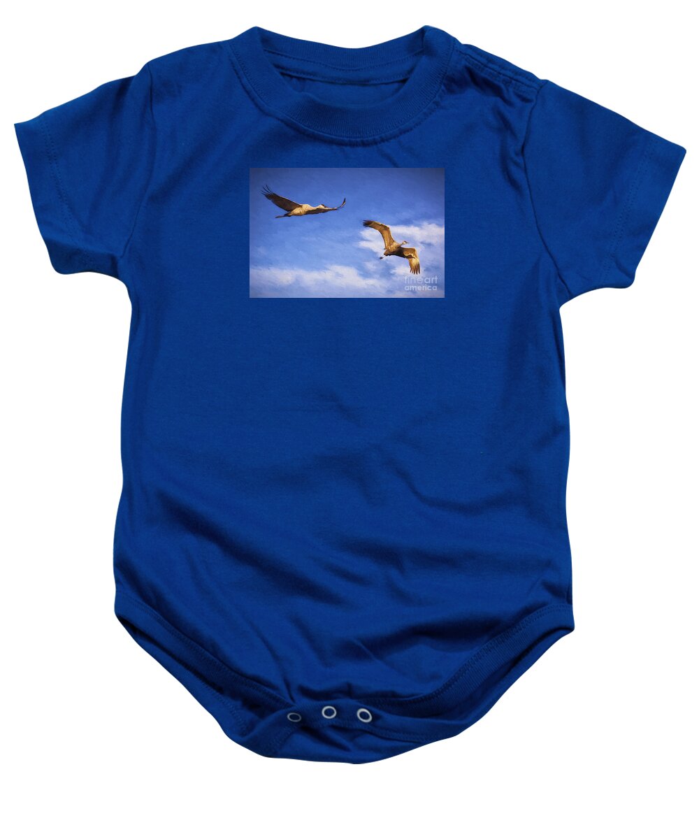 Sandhill Cranes In Flight Baby Onesie featuring the photograph Sandhill Cranes in Flight #2 by Priscilla Burgers