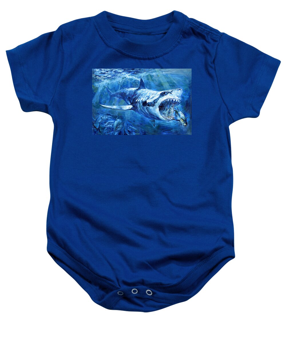 Great White Baby Onesie featuring the painting The Hunt #2 by Tom Dauria