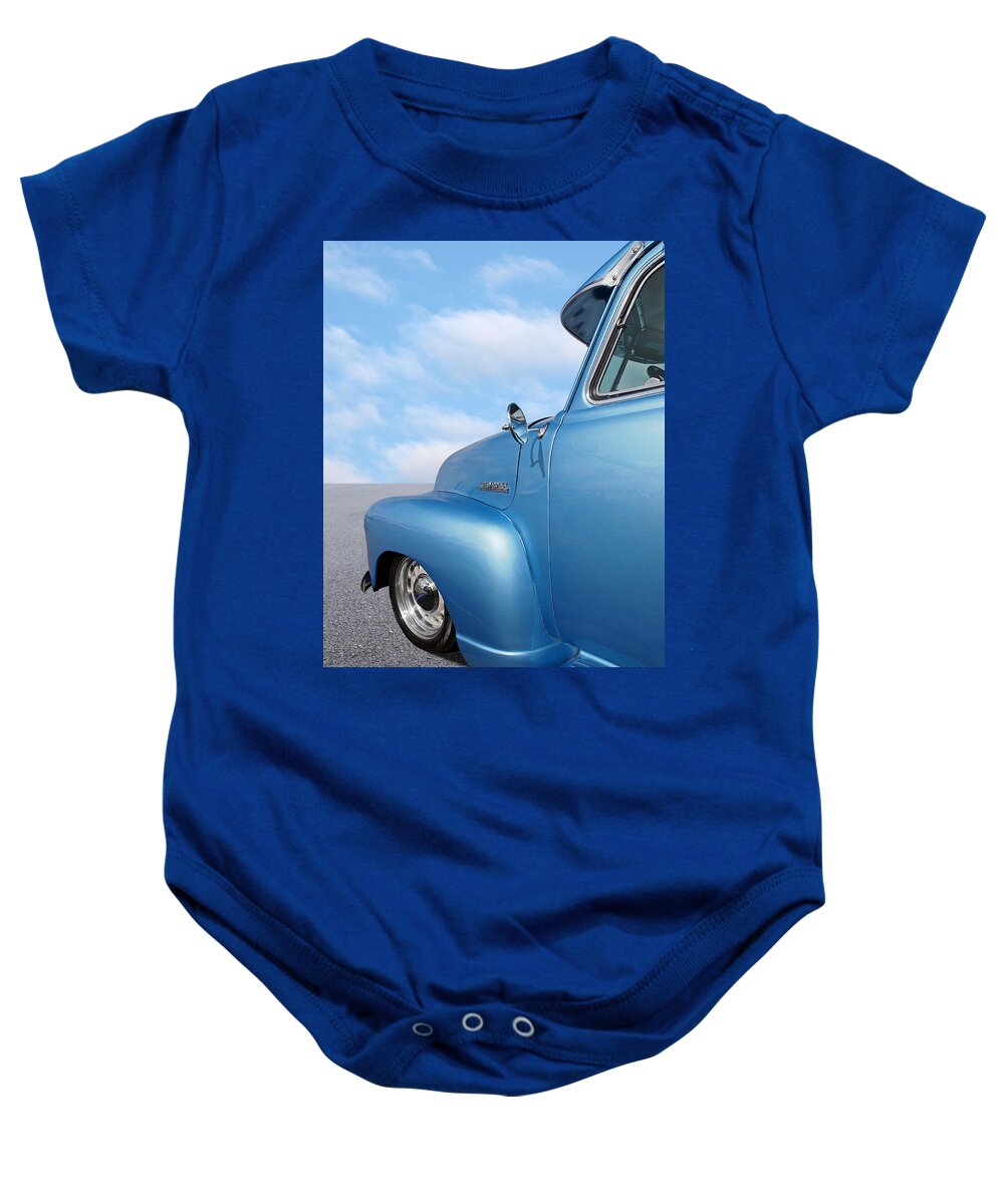 Chevrolet Truck Baby Onesie featuring the photograph 1951 Chevy Truck Blue Sky Day by Gill Billington