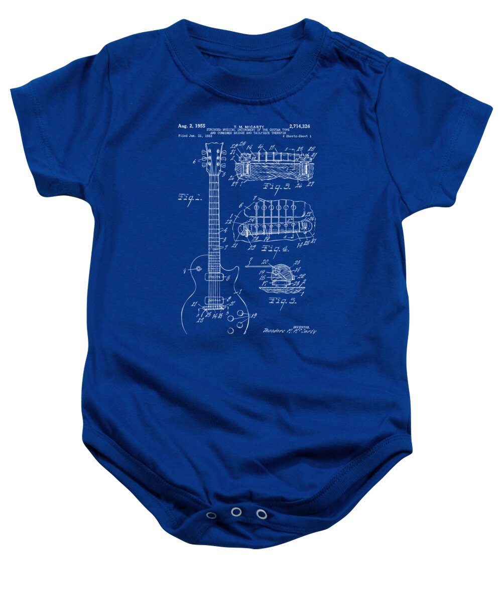 Guitar Baby Onesie featuring the digital art 1955 McCarty Gibson Les Paul Guitar Patent Artwork Blueprint by Nikki Marie Smith