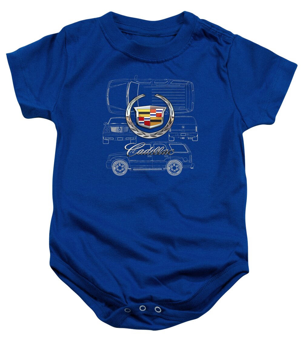 'wheels Of Fortune' By Serge Averbukh Baby Onesie featuring the photograph Cadillac 3 D Badge over Cadillac Escalade Blueprint by Serge Averbukh
