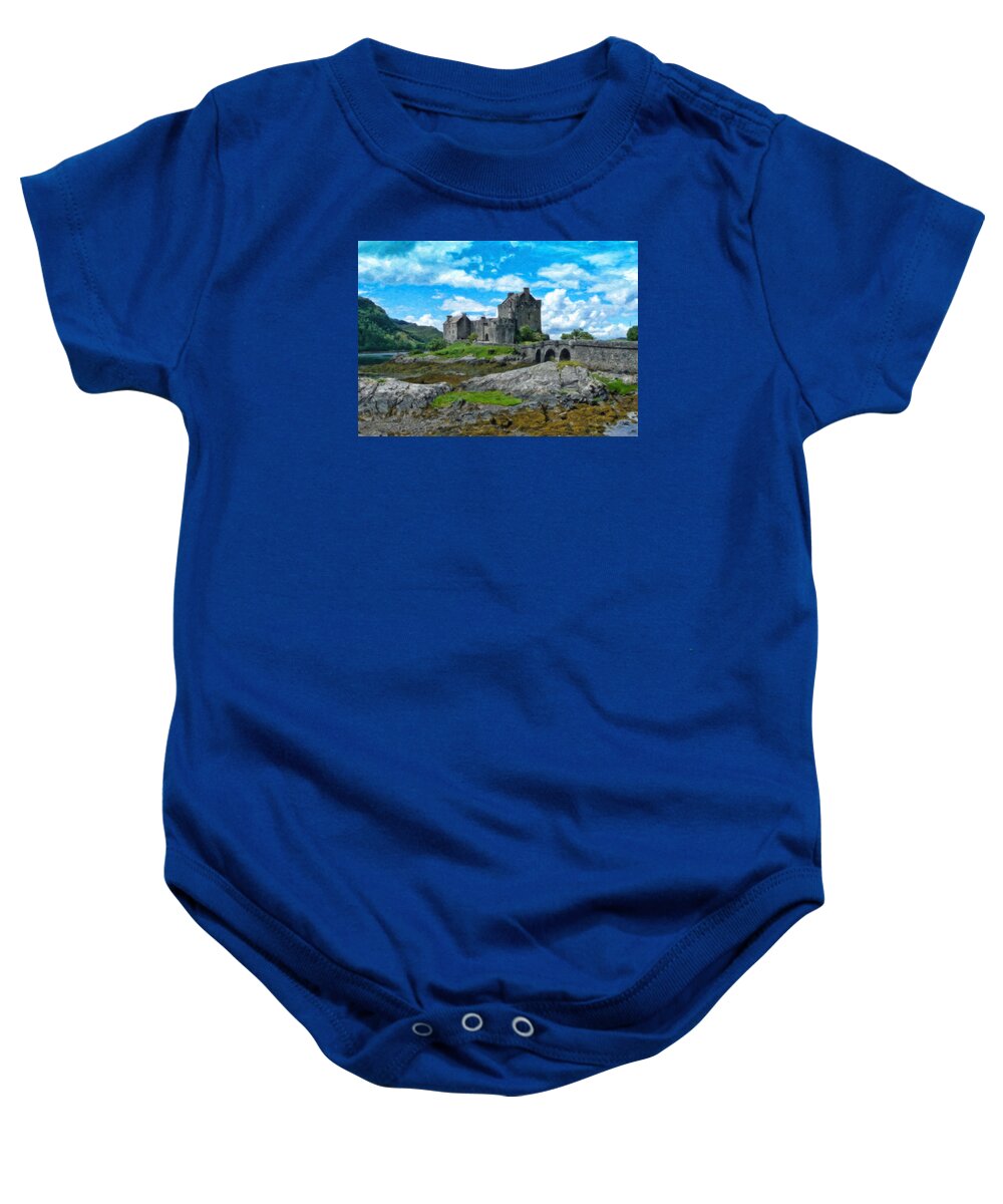Landscape Baby Onesie featuring the painting Eilean Donan Castle - -SCT665556 by Dean Wittle