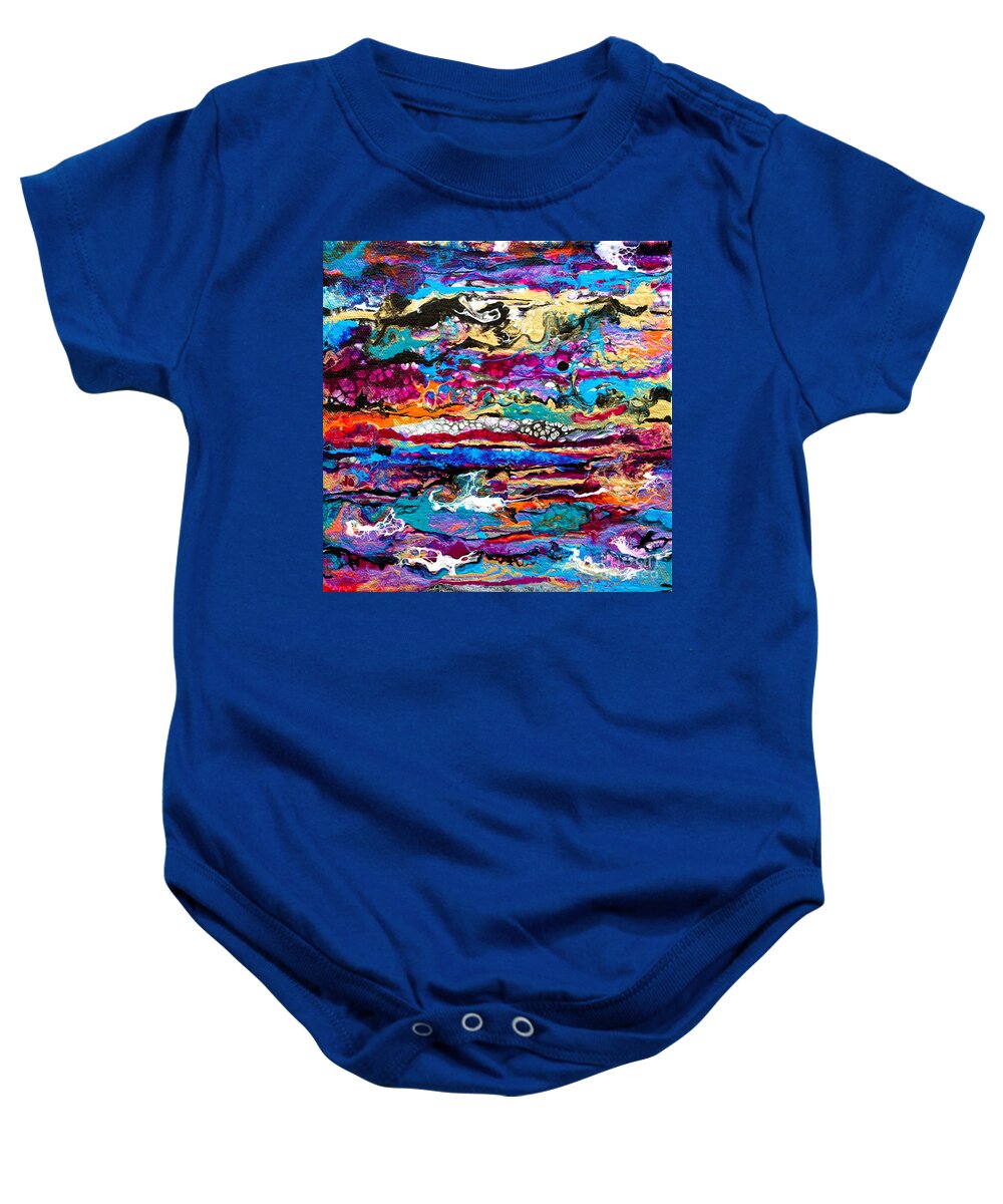 Original Fun Bright Vibrant Colorful Stripes Dynamic Pattern Happy Colors Dynamic Contemporary Fluid Acrylic Painting Baby Onesie featuring the painting #521 Bright Swipe #521 by Priscilla Batzell Expressionist Art Studio Gallery