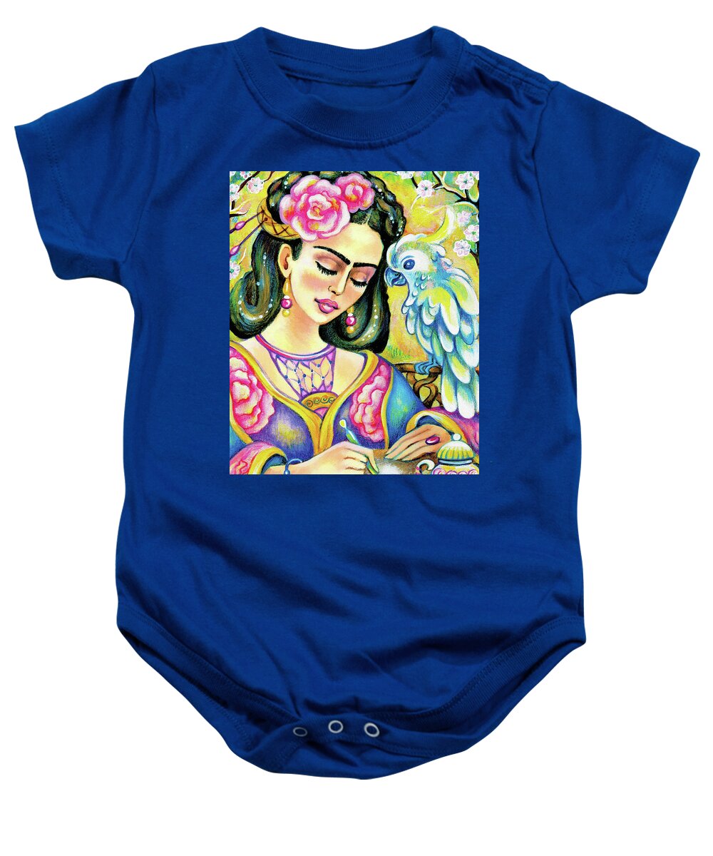 Woman And Parrot Baby Onesie featuring the painting A Letter to Far Away by Eva Campbell