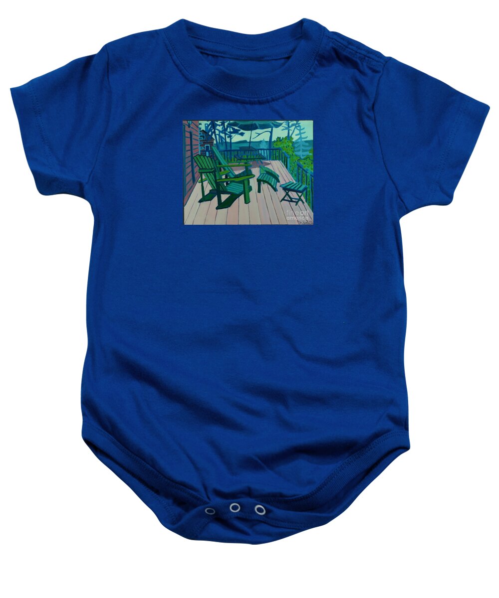 Ocean Baby Onesie featuring the painting Adirondack Chairs Maine by Debra Bretton Robinson