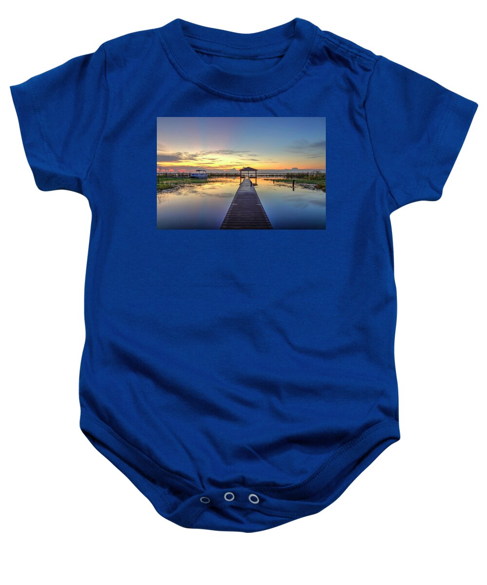 Boats Baby Onesie featuring the photograph After the Rain at Dawn by Debra and Dave Vanderlaan