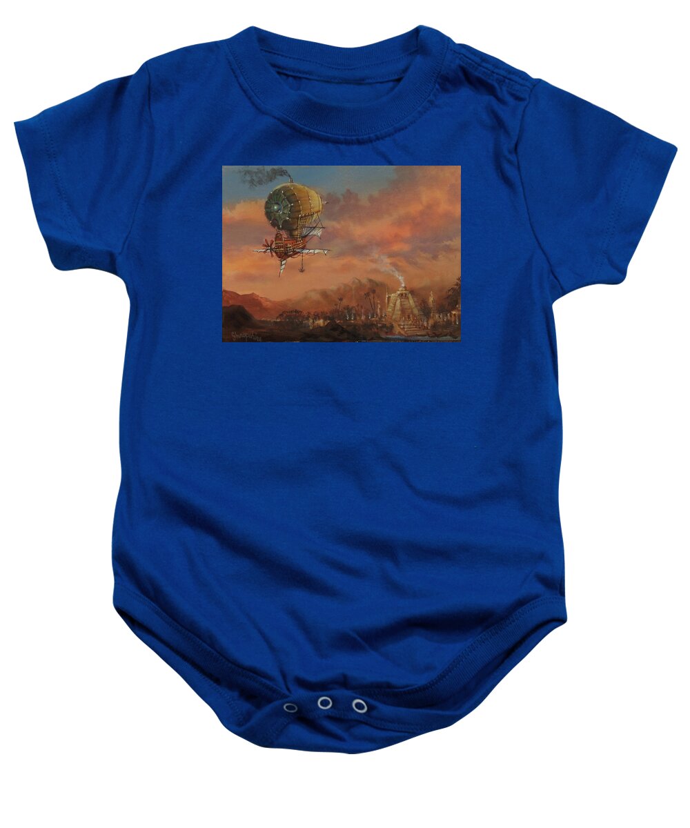 : Atlantis Baby Onesie featuring the painting Airship Over Atlantis Steampunk Series by Tom Shropshire